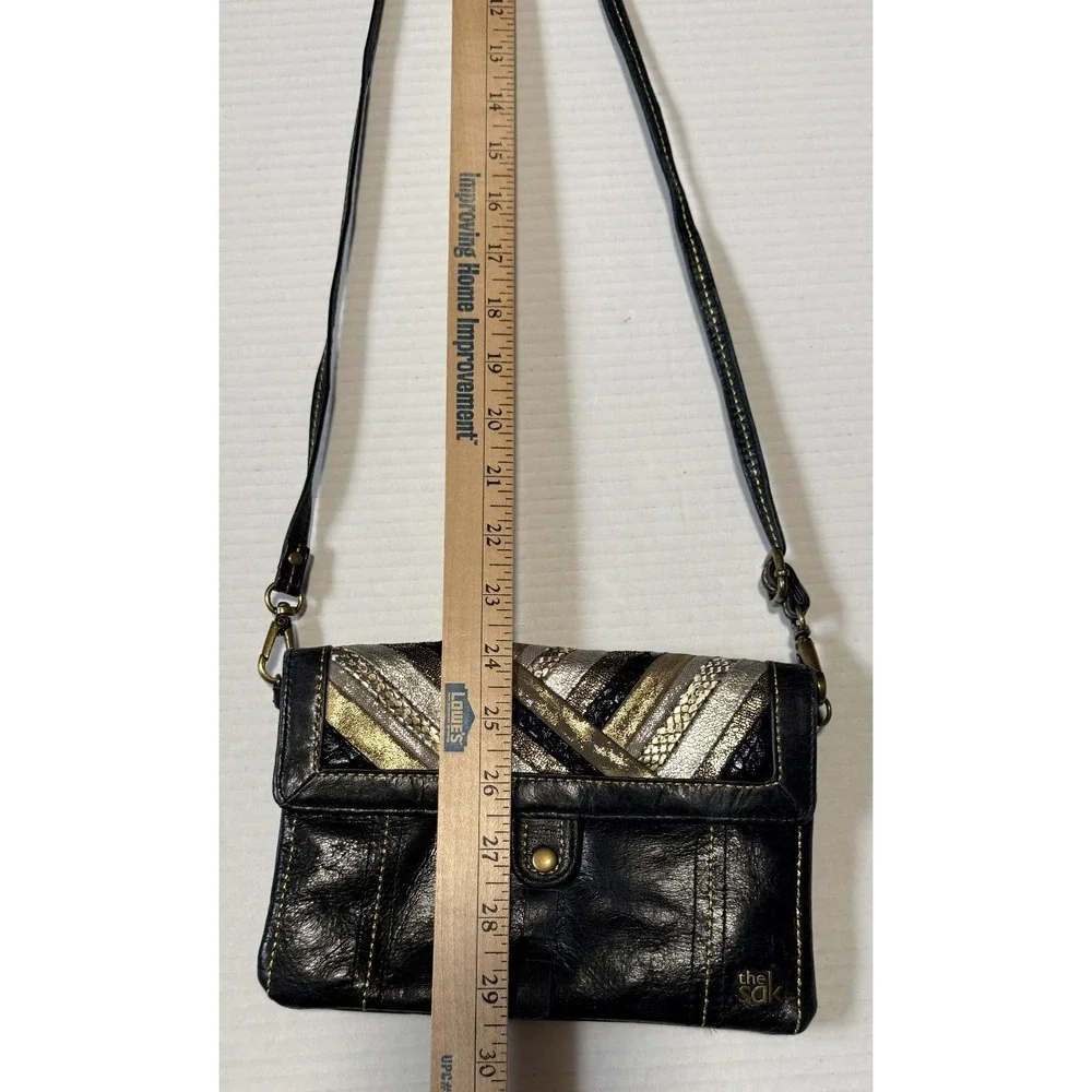 THE SAK Black Leather Crossbody‎ Evening Bag Purse Gold Metallic Snakeskin